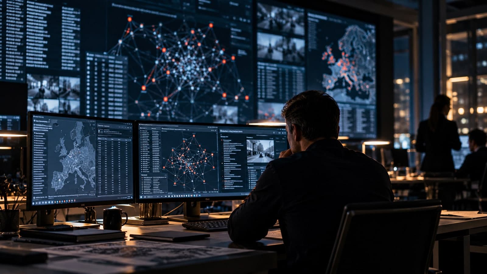 A person seated at a workstation facing multiple large screens displaying data, maps and network diagrams.