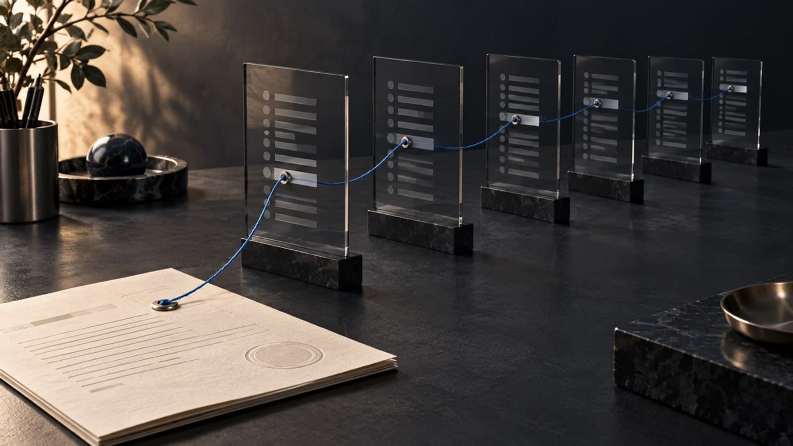 A document on a dark desk is connected by a blue line to a row of upright glass panels with list-like markings; a potted plant and bowl sit to the left.