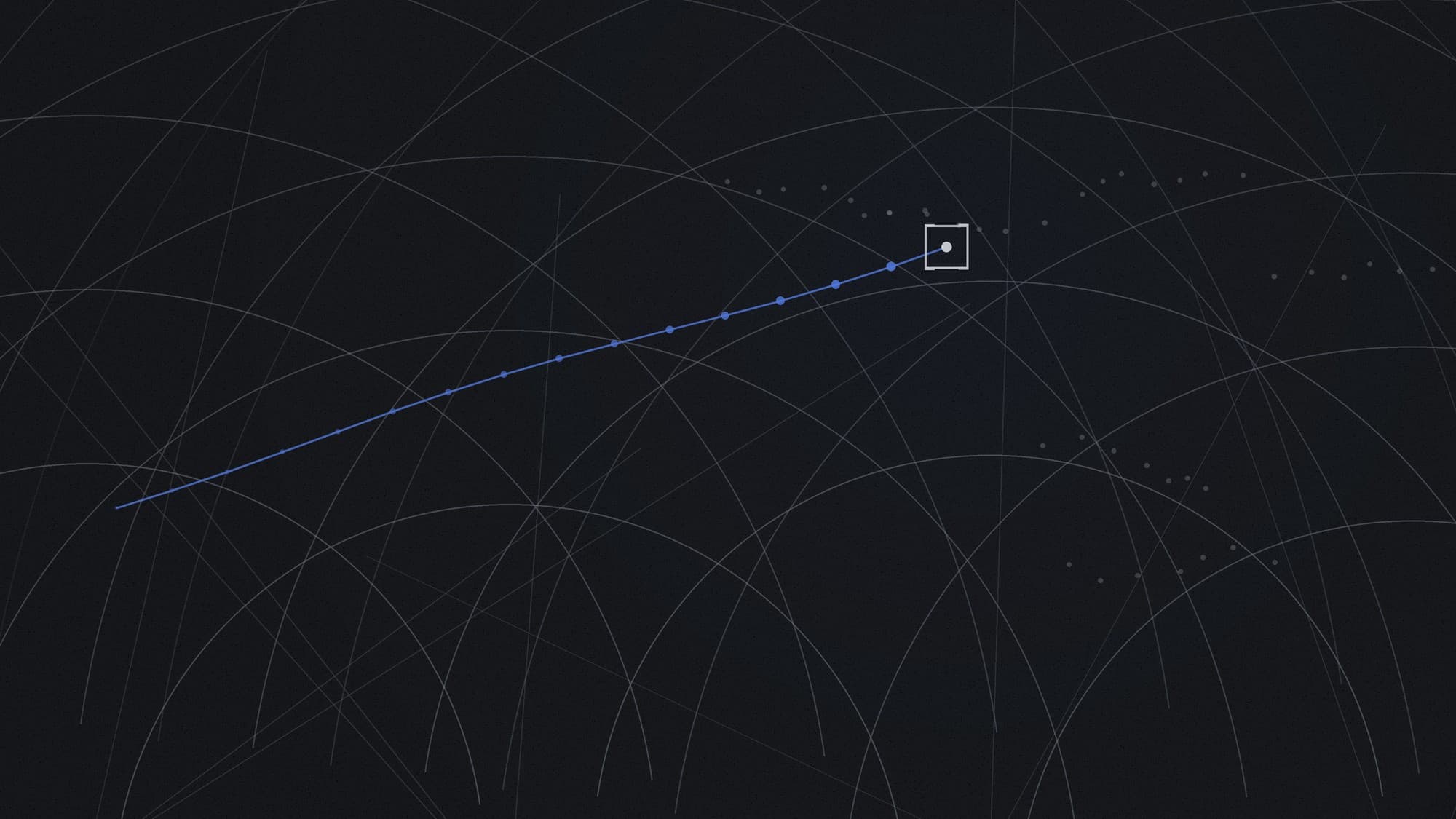 Overlapping sensor arcs from four positions, with one contact resolved into a single tracked path