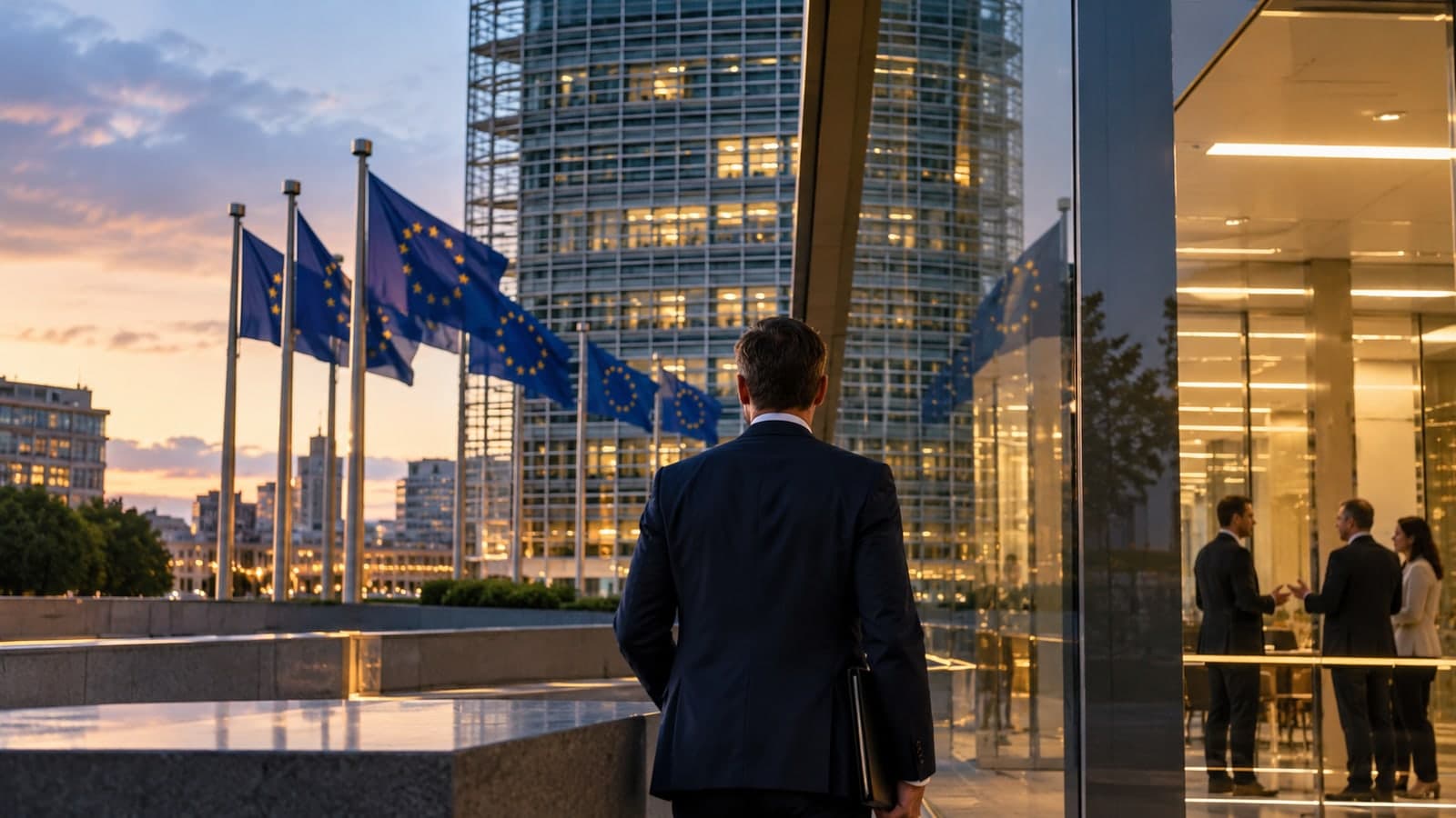 A man in a dark suit stands with his back to the viewer, facing European Union flags and glass office buildings at sunset.