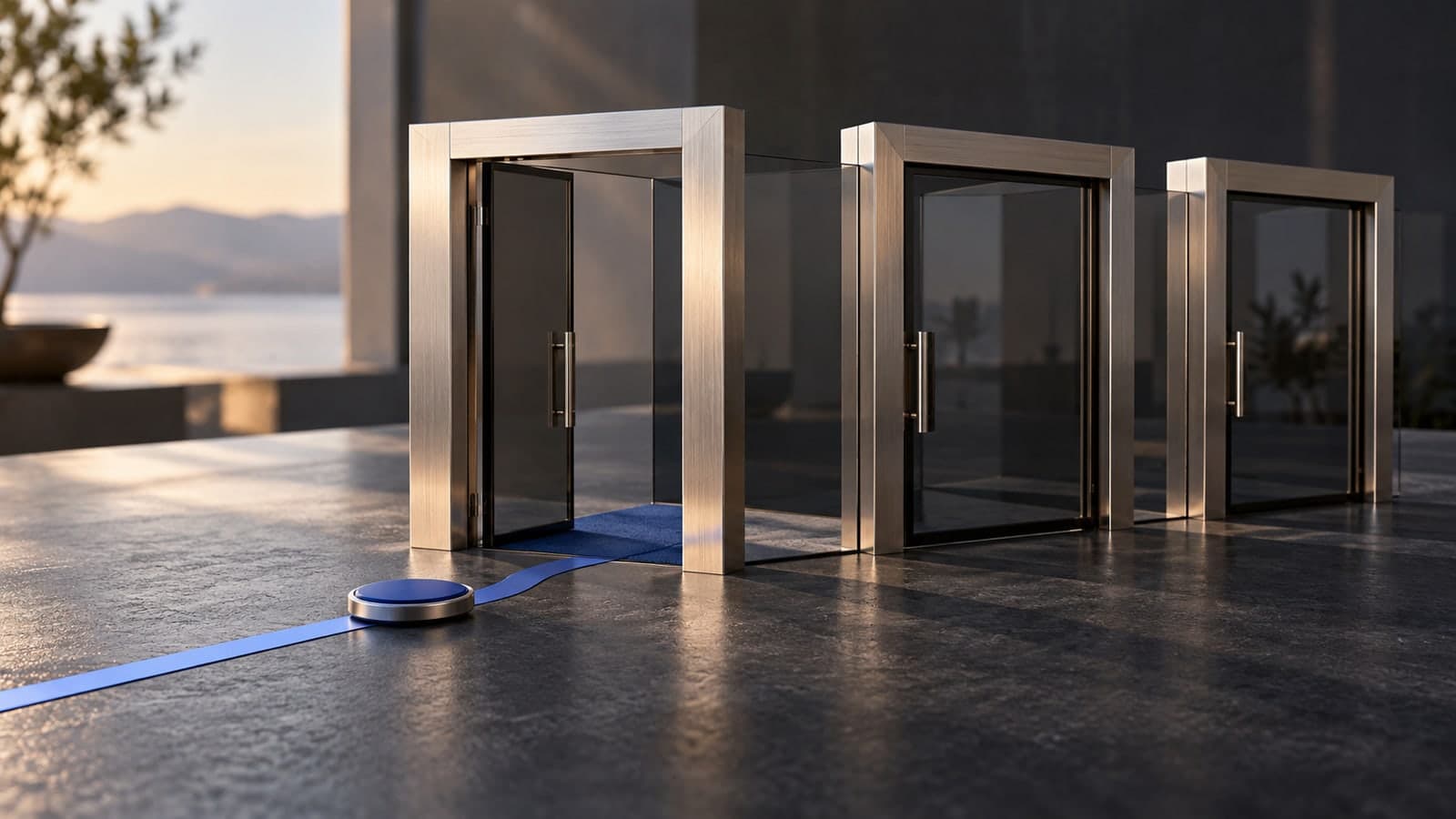 Three open, metallic door frames stand in a row on a dark stone terrace, with a blue ribbon-like strip running through them and a round blue disc near the front; a lake and mountains are visible at sunset.